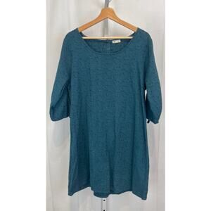 GARNET HILL Tie Sleeve Dobby Dress 3/4 Sleeve A-Line Cotton Blend Green Size 14